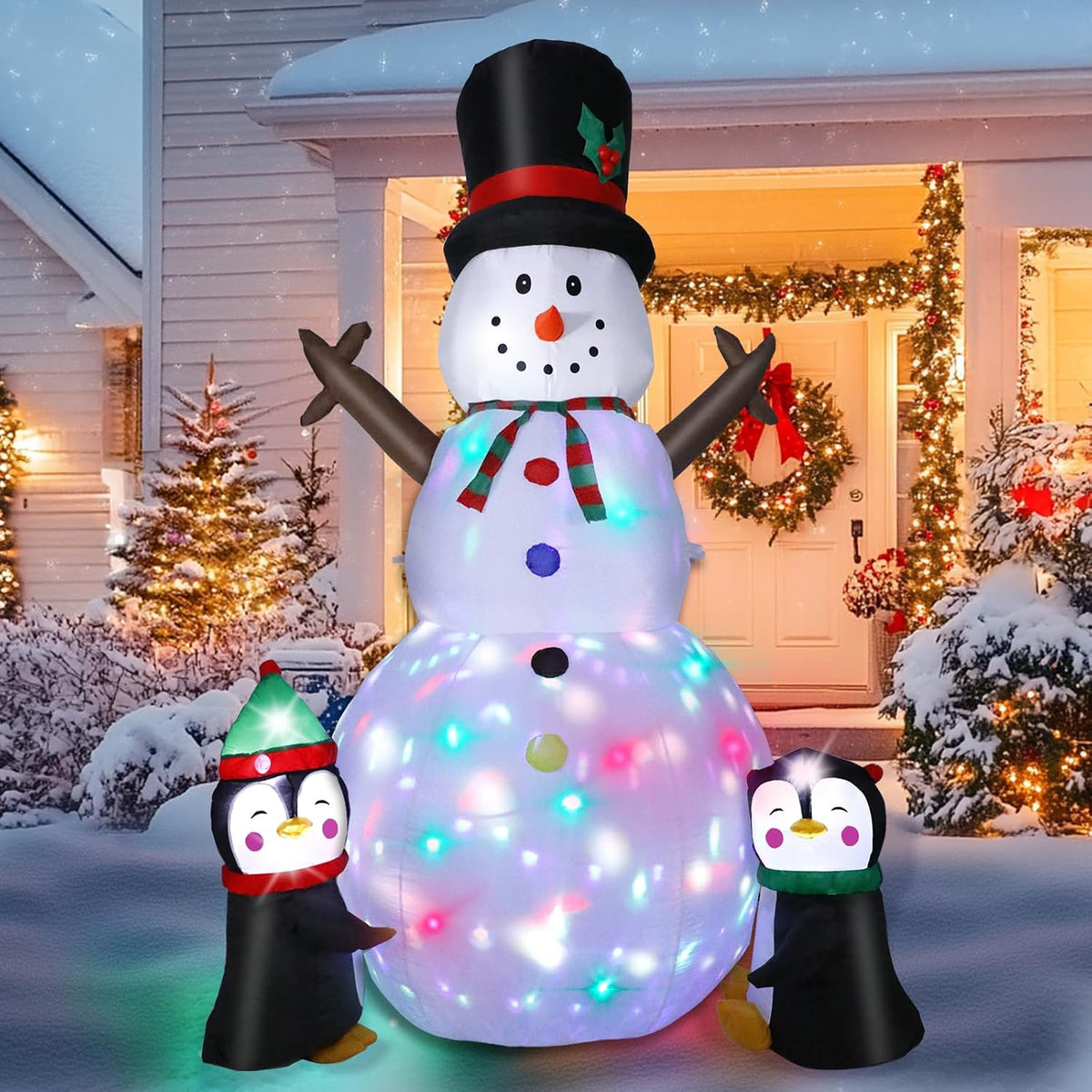 8 ft Inflatable Snowman with Two Penguins, Christmas outdoor decoration