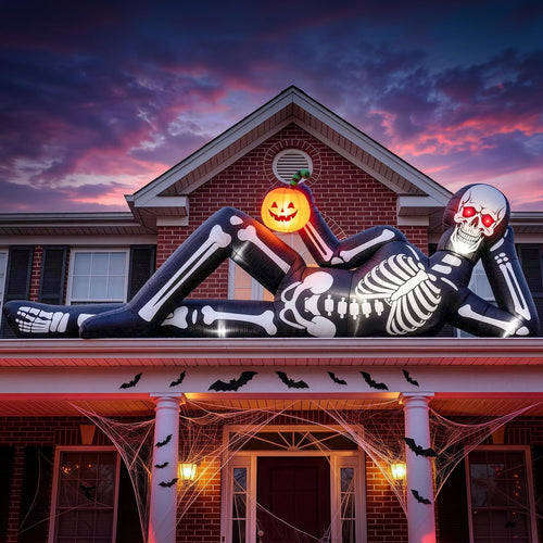 12 ft Inflatable Reclining Skeleton with Pumpkin, Halloween outdoor decoration