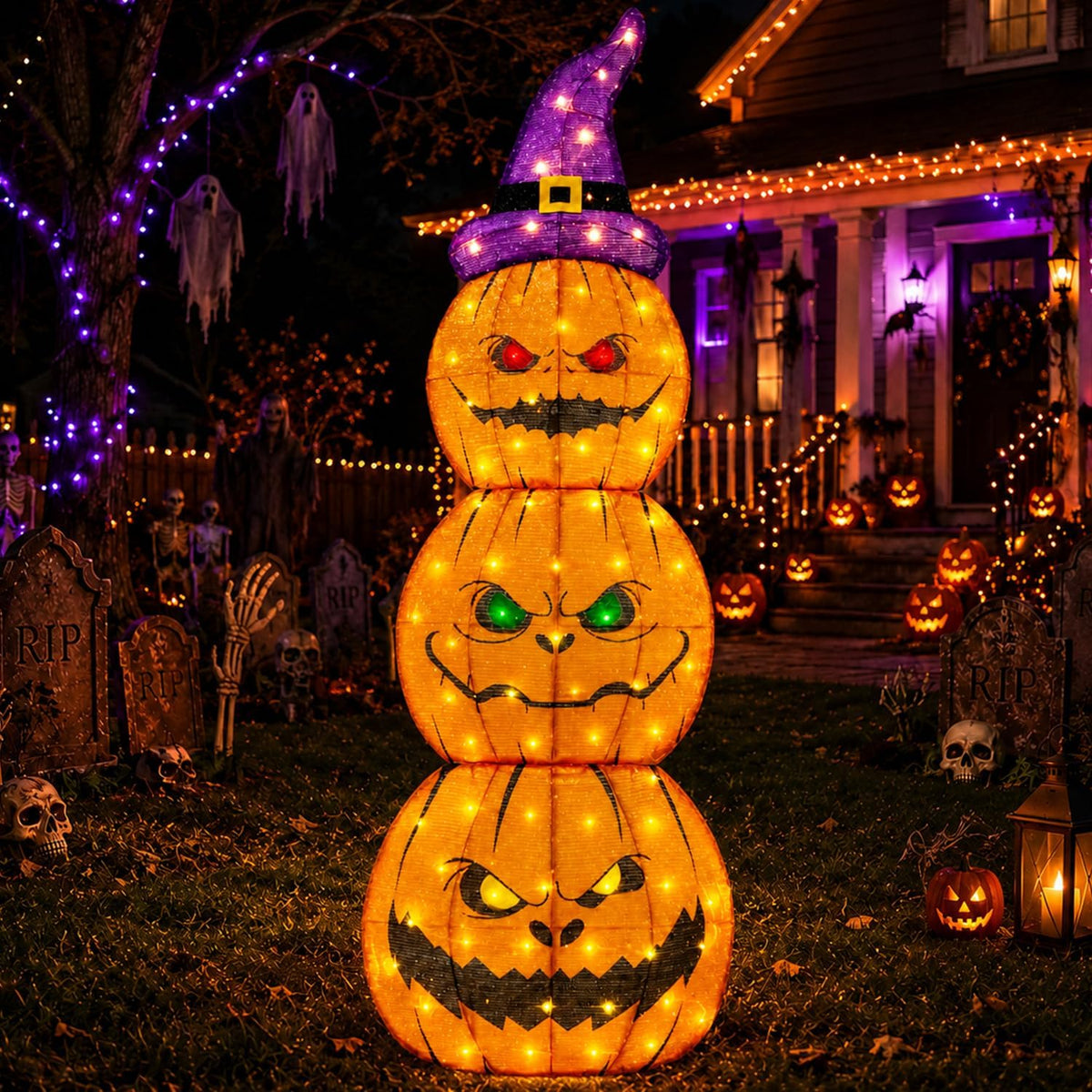 6 ft Stacked Light-Up Pumpkins, 3 Pack, Halloween outdoor decoration