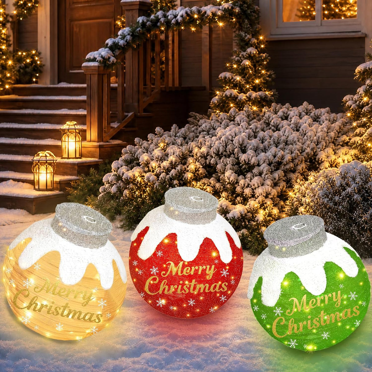 Pop-Up Lighted Ornament Balls with Stickers, 3 Pack, Christmas outdoor decoration